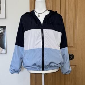 John Galt Stripped Blue Multi Colored Zip Up Lined Hooded Jacket One Size